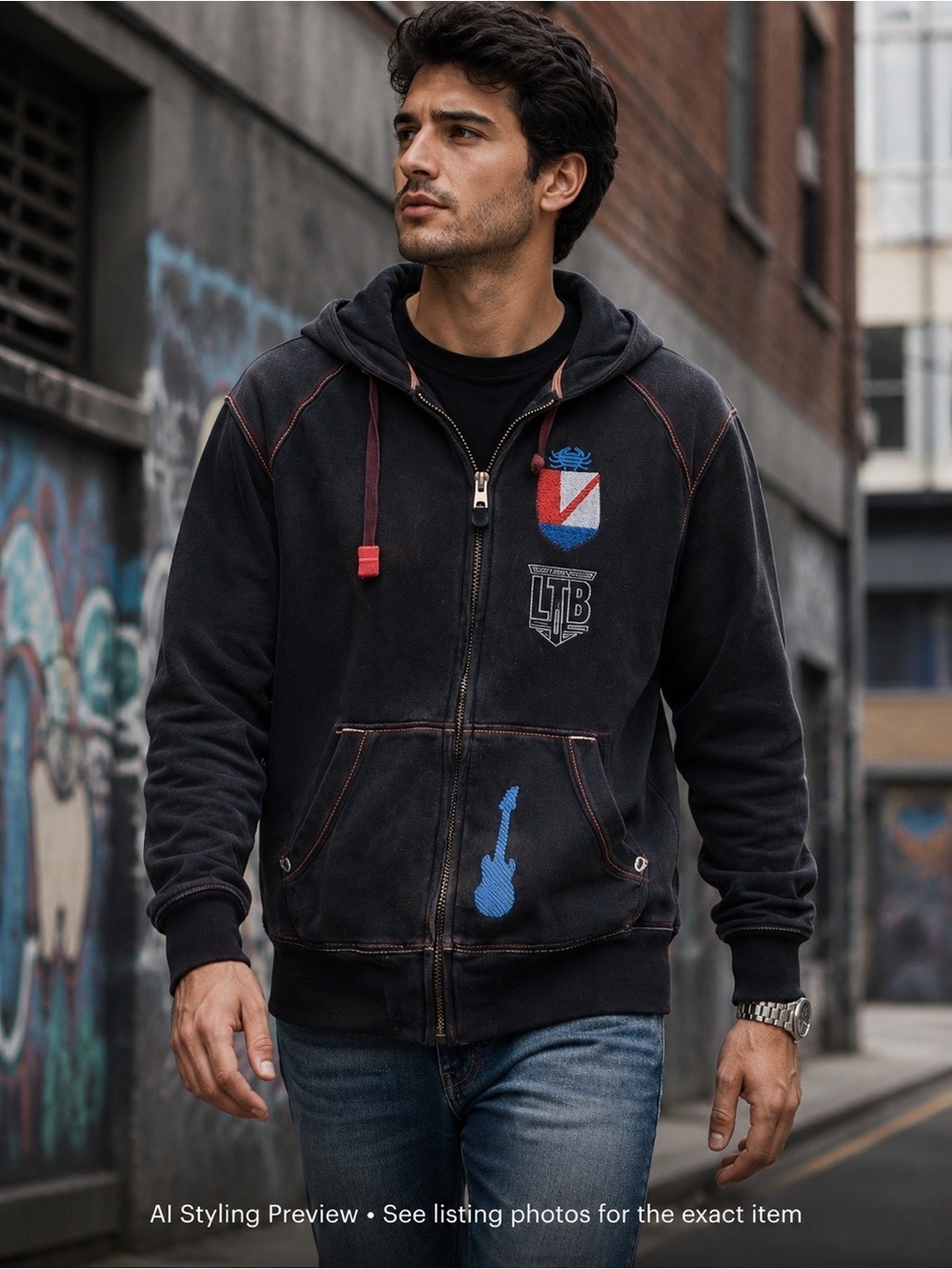LTB Y2K Embroidered Zip Hoodie Black Streetwear Graphic Hoodie